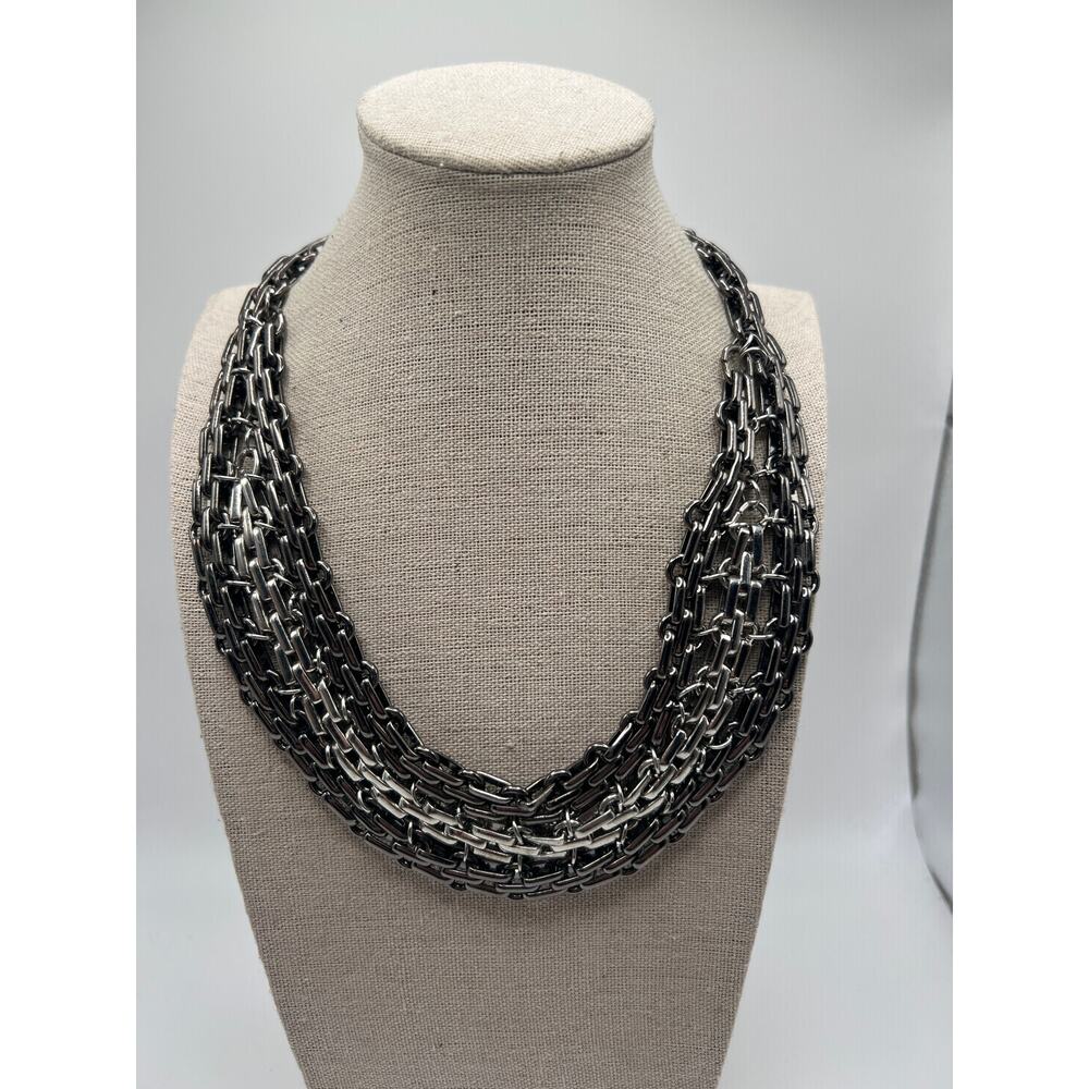 Gunmetal Silver Woven Chain Bib Necklace Industrial Gothic Statement‎